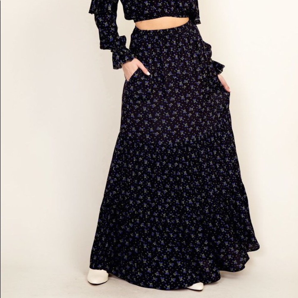 Blue Floral Spring Summer Maxi Skirt